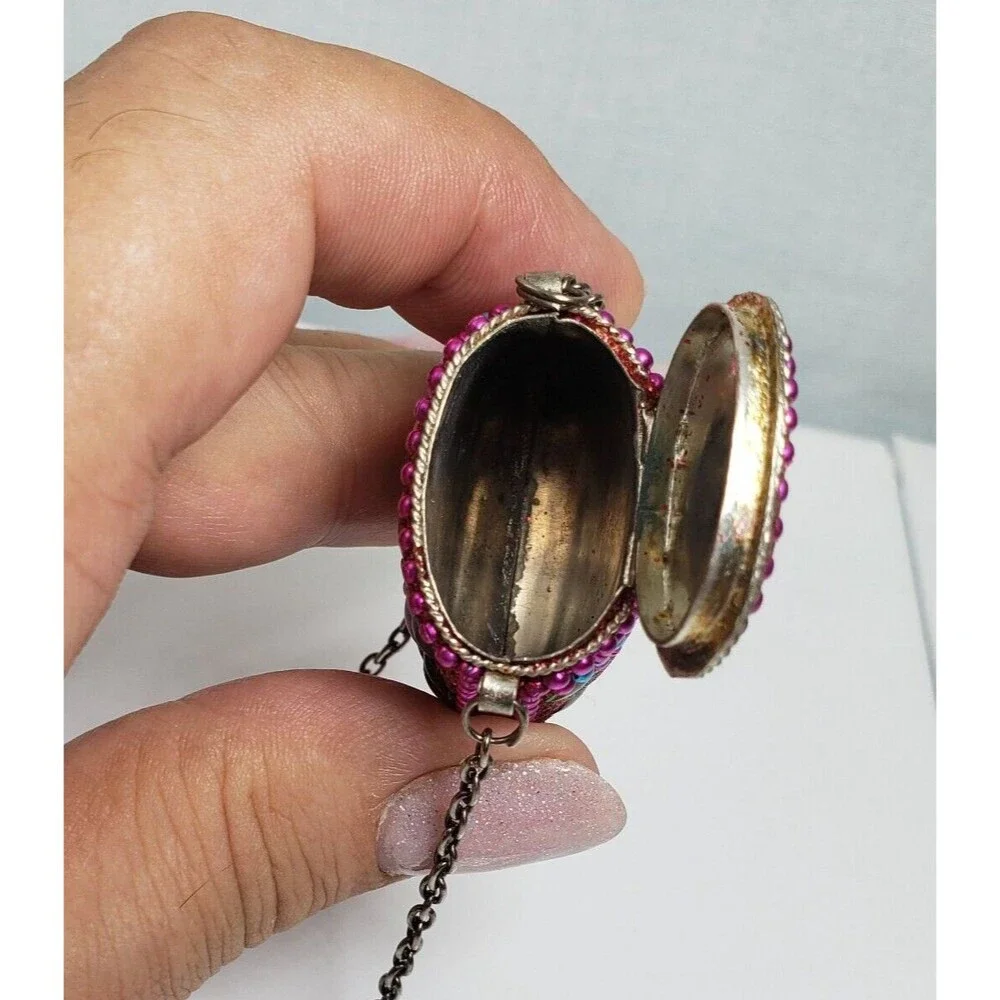 Vintage Tibetan Metal Cash Pill Stash Pouch Red Amulet Tincture Dangler 32" RARE - Picture 8 of 15